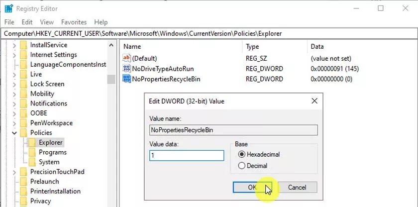 How to Remove the Properties Options in the Recycle Bin